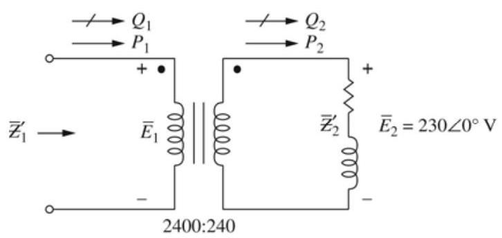    (a)  E_{1}=\frac{N_{1}}{N_{2}} E_{2}=\frac{2400}{240}(230)=2300 \mathrm{~V}  (b)  \bar{S}_{2}=\bar{E}_{2} \bar{I}_{2}^{*} ; \bar{I}_{2}=\left(\frac{\bar{S}_{2}}{\bar{E}_{2}}\right)^{*}=\left[\frac{80 \times 10^{3} \angle \cos ^{-1} 0.8}{230 \angle 0^{\circ}}\right]^{*}=347.8 \angle-36.87^{\circ}   \begin{aligned} \bar{Ƶ}_{2}=\frac{\bar{E}_{2}}{\bar{I}_{2}}=\frac{230 \angle 0^{\circ}}{347.8 \angle-36.87^{\circ}} & =0.6613 \angle 36.87^{\circ} \Omega \\ & =0.529+j 0.397 \Omega \end{aligned}  (c)  \bar{Ƶ}_{1}^{\prime}=\left(\frac{N_{1}}{N_{2}}\right)^{2} \bar{Ƶ}_{2}=100 \bar{Ƶ}_{2}=66.13 \angle 36.87^{\circ} \Omega  (d)  P_{1}=P_{2}=80(0.8)=64 \mathrm{~kW}   Q_{1}=Q_{2}=64 \tan \left(36.87^{\circ}\right)=48 \mathrm{kVAR}