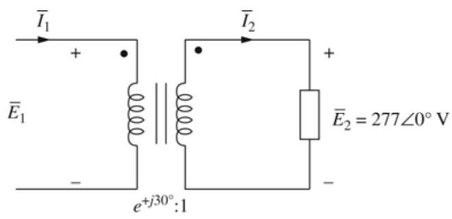 (a) \bar{E}_{2}=277 \angle 0^{\circ} \mathrm{V} \quad \bar{E}_{1}=e^{j 30^{\circ}} \bar{E}_{2}=\underline{\underline{277 \angle 30^{\circ}}} \mathrm{V} (b) \bar{I}_{2}=\frac{S_{2}}{E_{2}} \angle+\cos ^{-1}(P . F)=.\frac{50 \times 10^{3}}{277} \angle \cos ^{-1}(0.9)=180.5 \angle+25.84^{\circ} \mathrm{A} \bar{I}_{1}=\frac{\bar{I}_{2}}{\left(e^{j 30^{\circ}}\right)^{*}}=\bar{I}_{2} e^{j 30^{\circ}}=\underline{\underline{180.5 \angle 55.84^{\circ}} \mathrm{A}} (c) \bar{Ƶ}_{2}=\frac{\bar{E}_{2}}{\bar{I}_{2}}=\frac{277 \angle 0^{\circ}}{180.5 \angle 25.84^{\circ}}=1.5346 \angle-25.84^{\circ} \Omega \bar{Ƶ}_{2}^{1}=\bar{Ƶ}_{2}=1.5346 \angle-25.84^{\circ} \Omega (d) \bar{S}_{1}=\bar{S}_{2}=50 \angle-\cos ^{-1}(0.9)=\underline{\underline{50 \angle-25.84^{\circ}}} \mathrm{kVA} \bar{S}_{1}=45 \mathrm{~kW}-j 21.79 \mathrm{kVARS} delivered to primary