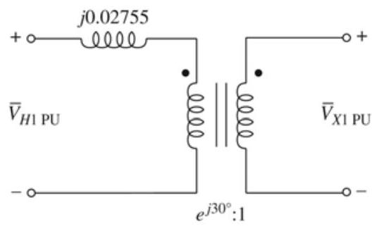 \quad X_{\text {pu new }}=(0.09)\left(\frac{345}{360}\right)^{2}\left(\frac{100}{300}\right)=0.02755  per unit      Positive Sequence 