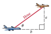 Midair Refueling Below is an enactment of the mid-air military aircraft refueling scenario. Assume the elevation angle that the hose makes with the plane being fueled is θ = 41°. If the hose is 180 feet long, what should be the altitude difference a between the two planes? Round to the nearest foot.