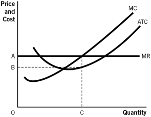 <strong>Refer to the accompanying graph to answer the questions that follow. If the firm is maximizing profits,total cost is represented by the area:</strong> A)B C. B)A C. C)(A - B) C. D)A B. E)(A + B) C.