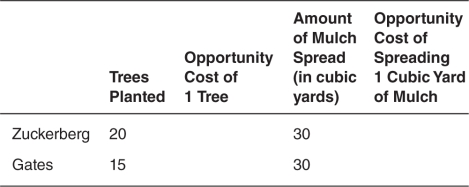 Suppose that,on a particular Saturday,Mark Zuckerberg and Bill Gates can either plant trees or spread mulch in their gardens.Their maximum output per day is listed in the following table,along with spaces where you can calculate the opportunity cost.Who has an absolute advantage in spreading mulch?
