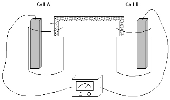 <strong>Exhibit 17-1 The following question(s) pertain to the electrochemical system pictured below. Cell A contains an aluminum electrode and a 1 molar solution of Al(NO<sub>3</sub>)<sub>3</sub>. Cell B contains an iron electrode and a 1 molar solution of Fe(NO<sub>3</sub>)<sub>2</sub>. Refer to Exhibit 17-1. Which electrode is gaining mass as the reaction proceeds?</strong> A) Neither, they just act as a conduit for the electrons B) Both gain mass in this particular reaction C) Al D) Fe