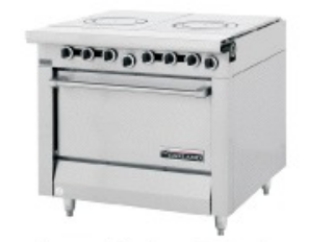 <strong>Identify the piece of equipment shown in each picture. - </strong> A) Portable induction cooktop B) Open-burner gas range with griddle C) Flattop range with griddle D) Ring-top range