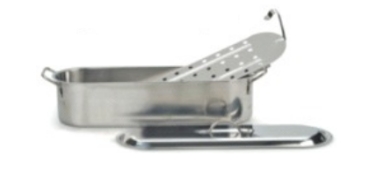 <strong>Identify the piece of equipment shown in each picture. - </strong> A) Brazier B) Roasting pan C) Fish poacher D) Wok