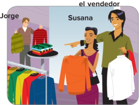 GRAM \'{A} TICA Los adjetivos demostrativos. Complete the dialogue with the correct form of the appropriate demonstrative adjective. -SUSANA: Me gusta ________________<sup>1</sup> su \'{e} ter. Lo tiene<sup>a</sup> en otros colores? VENDEDOR: S \'{i} , __________________<sup>2</sup> su \'{e} teres all \'{i} son del mismo<sup>b</sup> estilo en otros colores y van bien con __________________<sup>3</sup> camisa aqu \'{i} . SUSANA: Muy bien. De qu \'{e} es ________________<sup>4</sup> camisa que Ud. tiene en la mano?<sup>c</sup> VENDEDOR: Es de algod \'{o} n, pero ___________________<sup>5</sup> camisas all \'{a} son de seda. SUSANA: Son bonitas. Hay rebajas hoy? VENDEDOR: Para los su \'{e} teres y camisas no, pero _________________<sup>6</sup> zapatos all \'{i} tienen un descuento<sup>c</sup> de cincuenta por ciento. Note: <sup>a</sup>Lo. . . Do you have it, <sup>b</sup>same, <sup>c</sup>que. . . that you have in your hand, <sup>d</sup>discount