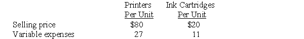 <strong>Use the following information to answer questions 32 - 34: In 2010, Printext estimates that for every two printers sold, the company will sell six ink cartridges. The products have a 2:6 ratio. Fixed production costs are $150,000 and fixed selling costs are $50,000. Printext's selling prices and variable expenses information are as follows:    -How many printers must be sold to break even?</strong> A) 1,250 B) 1,875 C) 2,500 D) 6,452 E) None of the above <div style=padding-top: 35px> 