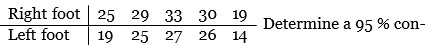 7 A random sample of 5 nine year-old soccer players is selected. All are right-footed. Each player kicks the ball once with each foot and the distance the ball travels before stopping is recorded in yards. (a) What would you conduct an appropriate randomization? (b) The data are     fidence interval for the mean difference in distance traveled. item[(c)] What assumption did you make to calculate the 95 % confidence interval? (d) Why are you 95 % confident in the interval you calculated in Part b?<div style=padding-top: 35px> 