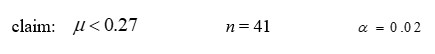 Given the standard deviation σ, the statement of your claim about μ , the sample size, and the desired level of significance α. Formulate: a) the hypotheses, b) the test statistic Z, c) the rejection region.