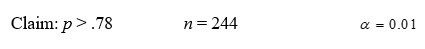 <strong>Given your claim about a population proportion, the sample size n, and the desired level of significance α. Formulate: </strong> A) the hypotheses, B) the test statistic Z, C) the rejection region.