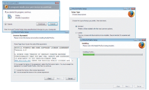 <strong> -Referring to the accompanying figure, the software installation step Choose standard or custom is illustrated in the screen labeled ____.</strong> A) License Agreement B) Setup Type C) Installing D) A program needs your permission to continue