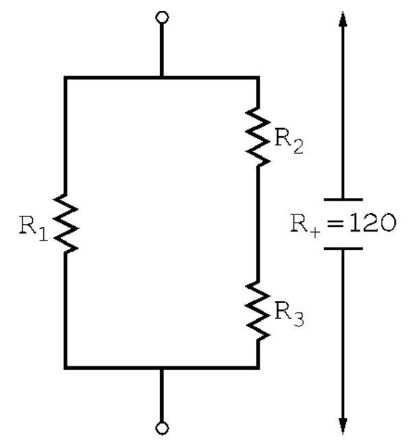 When resistors R_{a} and R_{b} are in series, the equivalent resistance R=R_{a}+R_{b} . When resistors R_{a} and R_{b} are in parallel, the equivalent resistance R satisfies \frac{1}{R}=\frac{1}{R_{a}}+\frac{1}{R_{b}} . In the diagram below, R_{1}=R_{2} and R_{3}=100 \Omega . The equivalent resistance for all three resistors is 120 \Omega . What is the value of R_{1} and R_{2} ?
