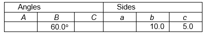 Fill in the missing parts of this table for triangle A B C .