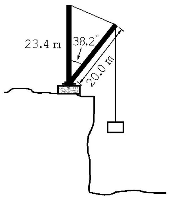 The vertical boom of the quarry crane pictured below is 23.4 \mathrm{~m} high. The angle that the swinging boom of the crane makes with the vertical boom is 38.2^{\circ} and the swinging boom is 20.0 \mathrm{~m} long. How long is the length of cable between the vertical boom and the swinging boom?