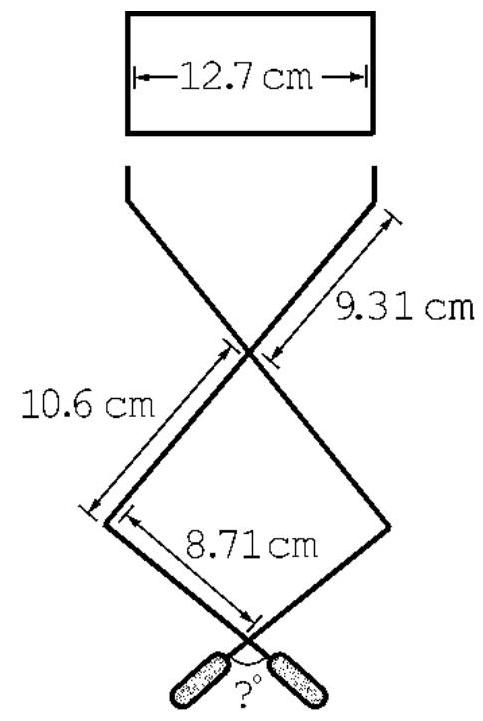 What must the angle between the handles of the grabber pictured below be in order to pick up an object 12.7 cm wide?