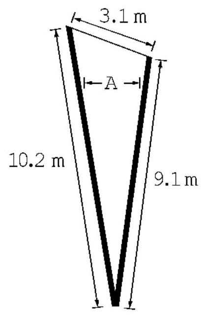 A 10.2 \mathrm{~m} pole and a 9.1 \mathrm{~m} pole are attached by a 3.1 \mathrm{~m} long string. The other ends of the poles are hinged together. What is the angle A for which the string is taut?