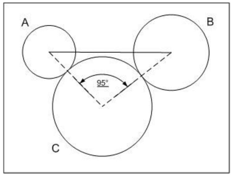Three circles are to be bored in a plate. The circle A with a diameter 4.00 \mathrm{~cm} and the circle B with a diameter 5.50 \mathrm{~cm} are tangent to the circle C with a diameter 7.50 \mathrm{~cm} . Determine the distance between the centre of circle \mathrm{A} and the centre of circle \mathrm{B} .