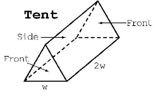The tent is in the shape of a triangular prism, with both ends covered, but with no bottom. It has a rectangular base with a width that is half its length. The tent must have a volume of 58.0 \mathrm{~m}^{3} . Find the width of the tent that minimizes the surface area of the tent.
