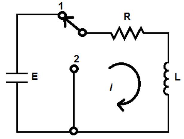  For the circuit shown,  E=25 \mathrm{~V}, L=4 \mathrm{H} , and  R=250 \Omega . If the switch is thrown from 2 to 1 (charging), find the voltage across the inductance at  5 \mathrm{~ms} .  <div style=padding-top: 35px>  