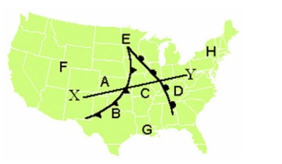 <strong>Use the map below to answer this question. -The map illustrates the relative positions of a warm and cold front. Where is the warm front located?</strong> A) Between A and B B) Between C and D C) At E D) Between C and G