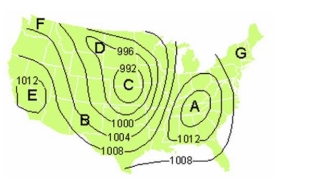 <strong>Map interpretation: Pressure and winds. Use the map to answer this question. -Identify the center of a low pressure system.</strong> A) A B) B C) C D) D E) E
