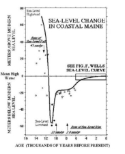 <strong>Answer this question that relate to the sea level change graph below. -Based on the graph, what happened to the coastline of Maine ~11,000 years ago?</strong> A) The coast moved farther out to sea relative to where it is today. B) The coast moved farther inland relative to where it is today. C) The coast did not move from where it is today.