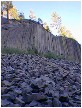 -What common rockfall feature is pictured at the base of this cliff at Devil's Tower National Park in the image shown above?