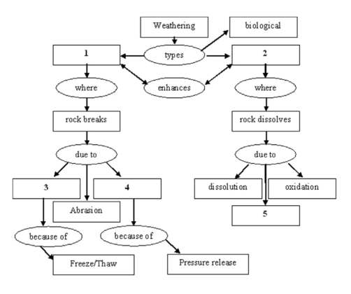 <strong> -Complete the following weathering concept map by selecting the correct term for number 1.</strong> A) Hydrolysis B) Physical C) Wedging D) Chemical E) Unloading