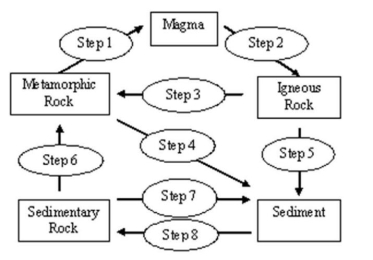 The following diagram illustrates the Rock Cycle. -The diagram illustrates the Rock Cycle. Match the letters below to the step number 4 on the diagram.