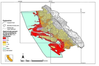 <strong>The map below shows the predicted liquefaction probability near Oakland, CA, for a hypothetical magnitude 7.1 earthquake on the Hayward fault. Use it to answer this question.    -Why is the probability of liquefaction highest near the water?</strong> A) Because that is where a tsunami may occur B) Because that location has saturated, loose material C) Because that location is farthest from the fault <div style=padding-top: 35px> 