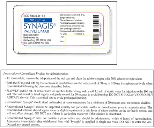 Directions: Use the label (where provided)to obtain the necessary information.Round answers to the nearest tenth where indicated. Order: Synagis 65 mg IM q8h Available: Refer to label and package insert   a.What diluent is recommended for reconstitution? ___________ b.How much diluent must be added? ____________ c.What is the dosage strength of the reconstituted solution? ______ d.How many milliliters will you administer? ________ e.How long is the reconstituted solution good for? ___________<div style=padding-top: 35px> 