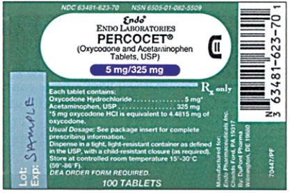 Directions: Use the label to identify the information requested. If more than one answer is necessary, separate your answers with commas. a. Trade name: _______________ b. Generic name: _______________ c. Dosage strength of oxycodone per tablet: _______________ d. Dosage strength of acetaminophen per tablet: _______________ e. Form: _______________ f. What type of label is illustrated here? _______________ g. Controlled drug schedule: ____________