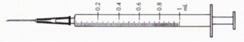 Directions: Calculate the following hourly dosage of heparin (units/hr). Order: Heparin 4,600 units subcut 2 hours before surgery Available: a. How many milliliters will you administer? _______ b. Shade in the dosage on the syringe provided.