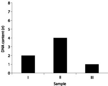 DNA was isolated from three different cell types of the same organism, the relative DNA content for each type was determined, and the results were plotted on the graph shown in the figure below. Refer to the graph to answer the following questions. -Which sample of DNA might be from a cell that stopped the process of cell division in G₀ phase of the cell cycle prior to meiosis?