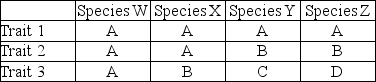 <strong>Given that phylogenies are based on shared derived characteristics, which of the following traits is useful in generating a phylogeny of species W, X, Y, and Z? </strong> A) Trait 1 B) Trait 2 C) Trait 3 D) Traits 1, 2, and 3