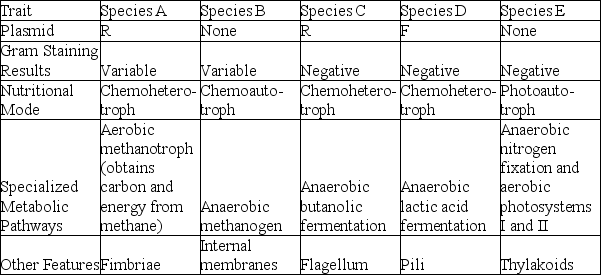 The following table depicts characteristics of five prokaryotic species (A-E). Use the information in the table to answer the question.   Which species is most likely to be found in sewage treatment plants and in the guts of cattle?
