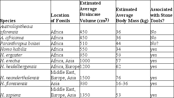 <strong>Use the following information to answer the question. Brown et al. and Morwood et al. reported in 2004 that they had found skeletal remains of a previously unknown type of hominin, now dubbed Homo floresiensis, on the Indonesian island of Flores. These hominins were small (approximately 1 meter tall) with small braincases (approximately 380 cubic centimeters) as compared with other hominins. The remains of H. floresiensis were found alongside handmade stone tools and the remains of dwarf elephants that also inhabited the island, suggesting that H. floresiensis was able both to make tools and to coordinate the hunting of animals much larger than itself. H. floresiensis is estimated to have lived at the site where the remains were found from at least 38,000 years ago to 18,000 years ago. The table is a comparison of several characteristics of H. floresiensis to those of nine other hominin species (arranged roughly from oldest to most recent). What do these data suggest?</strong> A) A large brain is not necessarily required for toolmaking. B) Body mass and braincase volume are completely unrelated. C) Hominins first evolved in and then radiated out from Asia. D) Homo floresiensis is most closely related to Australopithecus afarensis or A. africanus.