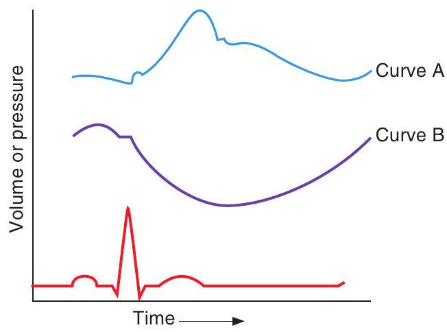 <strong> -Curve A in the figure represents</strong> A) aortic pressure B) ventricular pressure C) atrial pressure D) ventricular volume