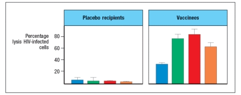 One HIV vaccine trial provided some small measure of hope for the development of an effective HIV vaccine. This vaccine, known as RV144, was administered to a high risk population in Thailand, and reduced new infections by ~30%. To address the mechanism of immune protection correlating with vaccine efficacy, a series of studies were performed. In one study, total IgG antibodies from four non-infected vaccinees were isolated and were mixed with HIV-infected cells plus peripheral blood lymphocytes from healthy unrelated donors. As a control, IgG antibodies were purified from four donors receiving the placebo, rather than the RV144 vaccine. Six hours later, lysis of the HIV-infected target cells was assessed, as shown in Figure Q40). Figure Q40) The immune mechanism that correlates with protection based on these data is: