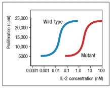 <strong>A T cell line growing in culture is subjected to a chemical mutagen, and individual mutant lines are derived from this population. The individual mutant cell lines are each screened for their ability to proliferate in response to stimulation with antibodies to the T-cell receptor plus CD28 (anti-CD3 + anti-CD28). In addition, the cells are treated with varying doses of added IL-2, and three days later, T cell proliferation is measured by <sup>3</sup>H-thymidine incorporation (cpm). The data for one mutant line and the wild-type control are shown in Figure Q16). Figure Q16) The gene that is defective in this mutant T cell line most likely encodes:</strong> A) The CD3 epsilon subunit of the T-cell receptor complex B) The co-stimulatory molecule CD28 C) CD25, also known as the IL-2 receptor \alpha chain D) The IL-2 receptor \beta chain E) The cytokine IL-2
