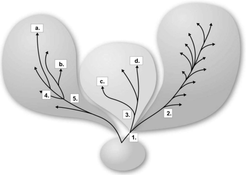 <strong>Figure 10.1 In Figure 10.1, the closest ancestor for both species ʺa.ʺ and species ʺb.ʺ would be which of the following?</strong> A) 1 B) 2 C) 3 D) 4 E) 5