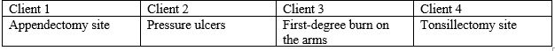 A nurse is caring for four clients in a hospital. Which wound takes extensive time and requires more support to heal?   1) Client 1 2) Client 2 3) Client 3 4) Client 4<div style=padding-top: 35px> 