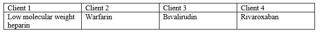 A nurse is reviewing the prescription records of four clients being treated for deep vein thromboembolism (DVT). Which client needs a prothrombin time lab test to monitor the therapeutic effects of the drug? 1) Client 1 2) Client 2 3) Client 3 4) Client 4
