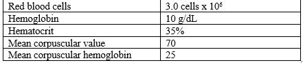 A client presents to the hospital with complaints of chest pain. The complete blood count report of the client shows the following. Which condition has the client developed? 1) Folate-deficiency anemia 2) Vitamin B<sub>12 </sub>deficiency anemia 3) Iron-deficiency anemia 4) None of the above