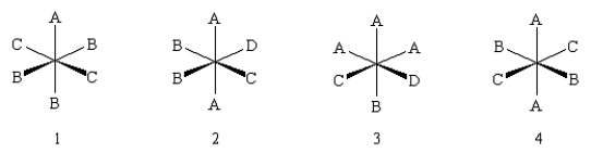 <strong>Which of the following complexes is (are) chiral? </strong> A) 4 B) 3 C) 1 and 3 D) 2 E) 1 and 2
