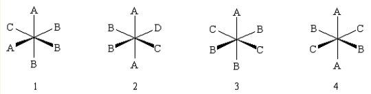 <strong>Which of the following complexes is (are) chiral? </strong> A) 1 B) 4 C) None of the complexes is chiral. D) 2 E) 2 and 3