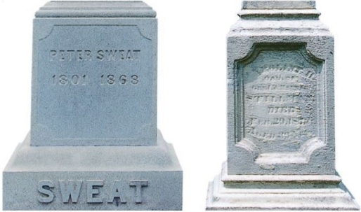 <strong>Below is an image of two tombstones that were both emplaced in 1863. Why would the left tombstone be so much better preserved than the right tombstone? Select the best answer.</strong> A) Two tombstones may be in the same location and be of the same rock type, but one just happened to weather faster than the other. B) The two tombstones may be made of different rock types, and thus rates of weathering would differ. C) The two tombstones may be located in different locations and thus have different climates. D) It is possible that they are both in different climates and are made of different rock types.