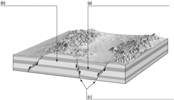On the blanks provided below, fill in the name of the specific type of geologic features that have been labeled.