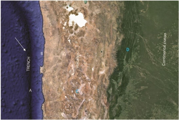 Refer to the figure below, captured from Google Earth, for the following questions. -Location A would be an area where you would expect______ faulting