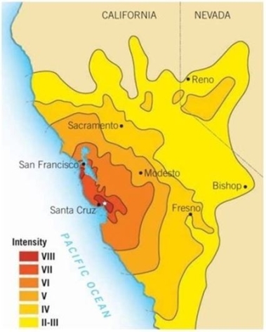 <strong>The figure below shows the intensity of an Earthquake in northern California that affected much of the same areas that were damaged by the 1906 earthquake in a very similar manner. Based on this information,_______ . </strong> A) construction methods are clearly inadequate in the high intensity areas, and all homes in those areas need to be reinforced B) in general, the current building codes are inadequate and people should be aware of the hazards in this area C) people who live in the high intensity regions should consider purchasing earthquake insurance D) people should <u> not </u> be allowed to build homes in the intensity VIII regions because the U.S. taxpayer has to pay to rebuild after such an earthquake